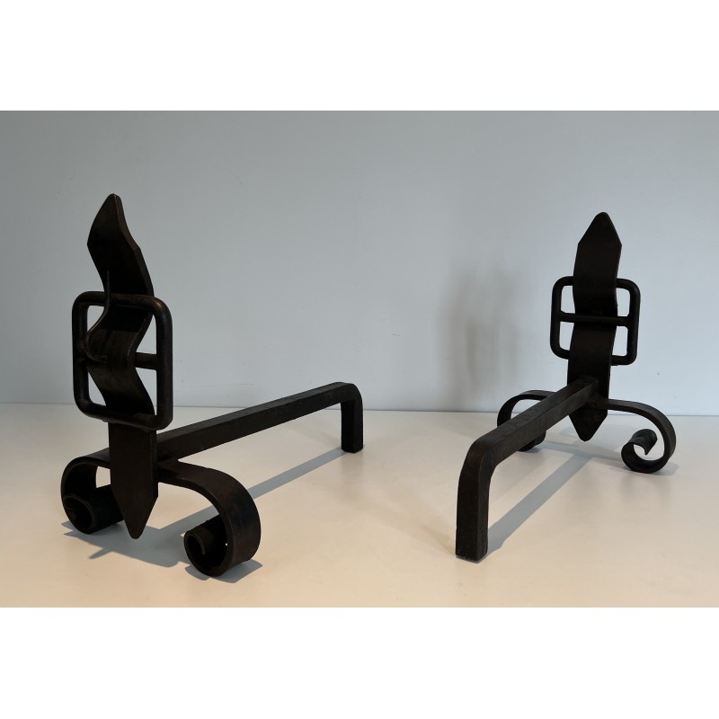 Pair of vintage modernist andirons, France 1950s