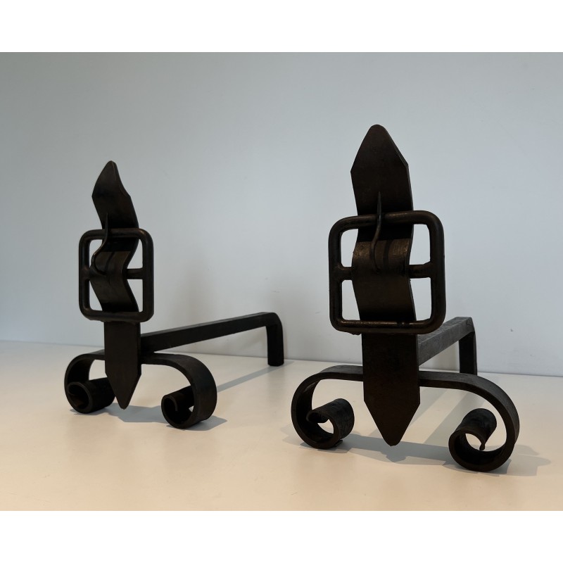 Pair of vintage modernist andirons, France 1950s