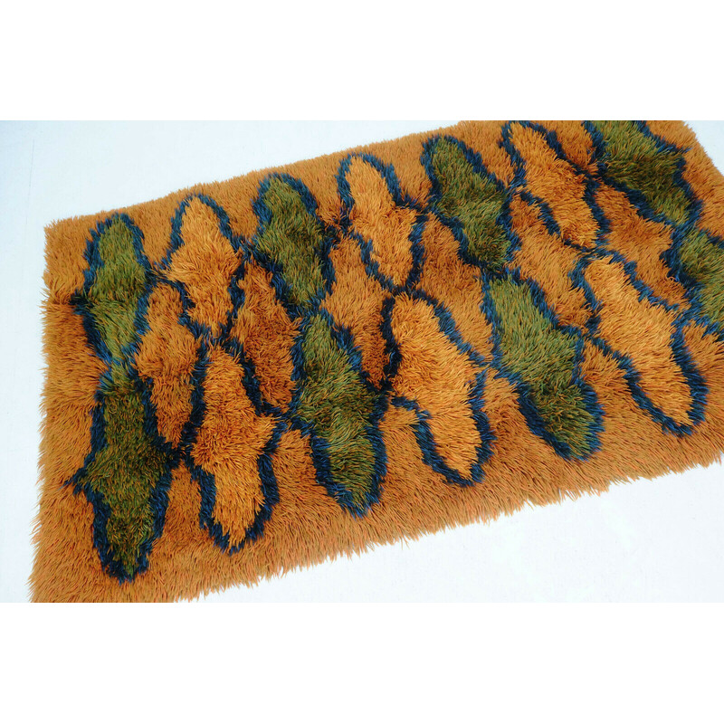 Tappeto vintage in lana arancione, verde e blu, anni '70