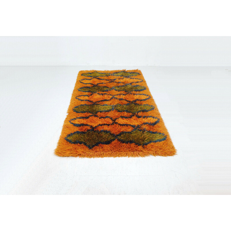 Alfombra vintage de lana naranja, verde y azul, años 70