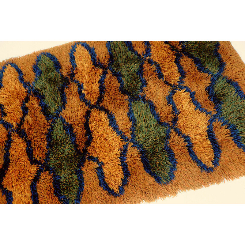 Alfombra vintage de lana naranja, verde y azul, años 70