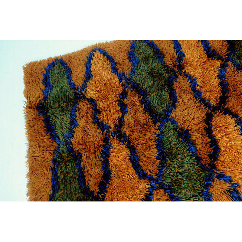 Tappeto vintage in lana arancione, verde e blu, anni '70