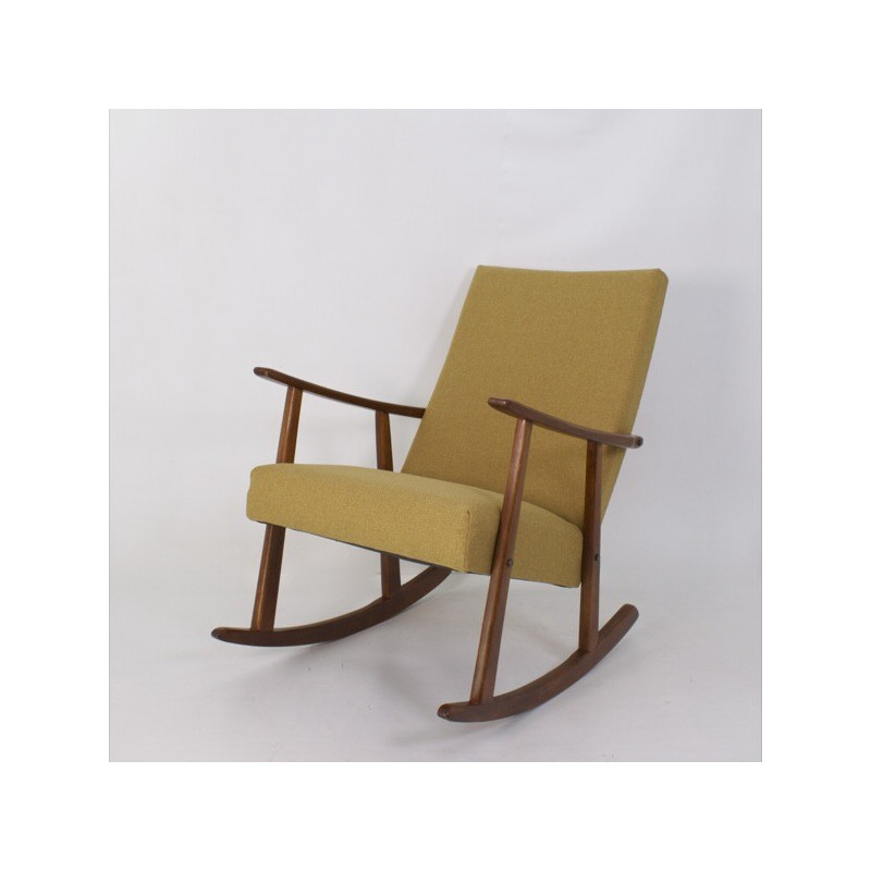 Fauteuil à bascule vintage en bois et tissu moutarde, 1960