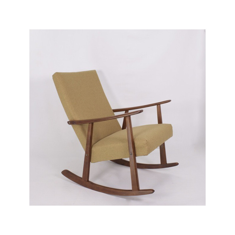 Cadeira de baloiço Vintage em tecido de madeira e mostarda, 1960