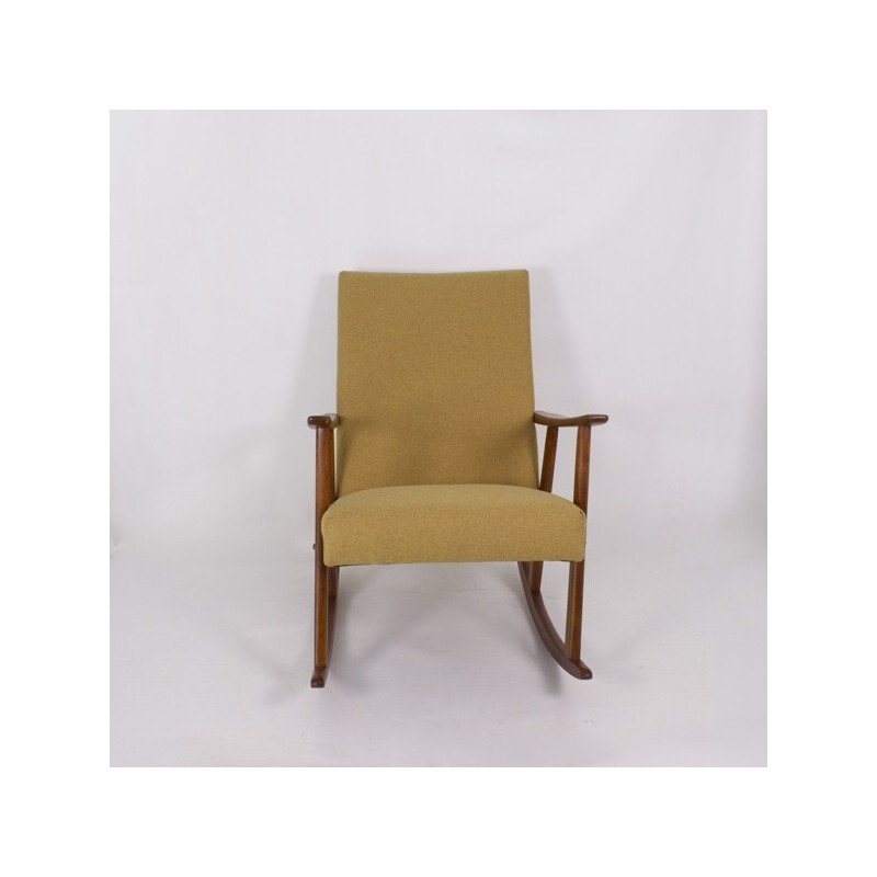 Fauteuil à bascule vintage en bois et tissu moutarde, 1960