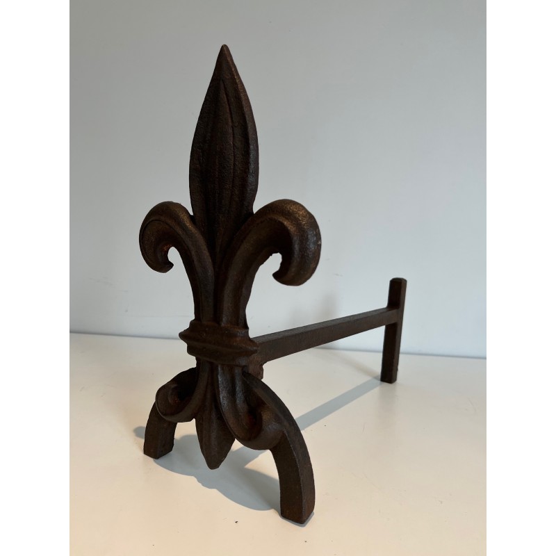 Pair of vintage andirons with fleur-de-lis in cast iron and wrought iron, 1970