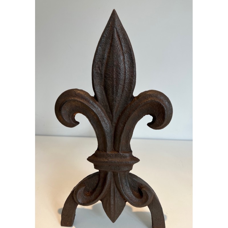 Pair of vintage andirons with fleur-de-lis in cast iron and wrought iron, 1970