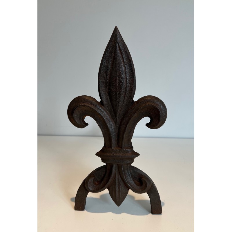 Pair of vintage andirons with fleur-de-lis in cast iron and wrought iron, 1970