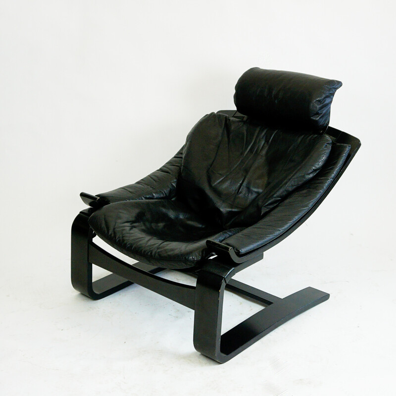 Fauteuil lounge vintage Kroken en cuir noir et bois courbé par Ake Fribytter pour Nelo Mobel, Suède 1974