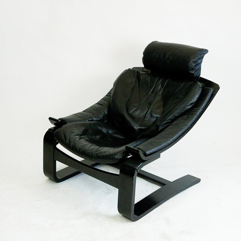 Sillón vintage Kroken en cuero negro y madera curvada por Ake Fribytter para Nelo Mobel, Suecia 1974s