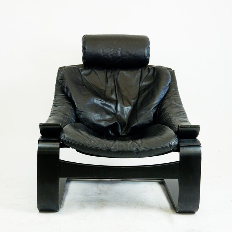 Sillón vintage Kroken en cuero negro y madera curvada por Ake Fribytter para Nelo Mobel, Suecia 1974s