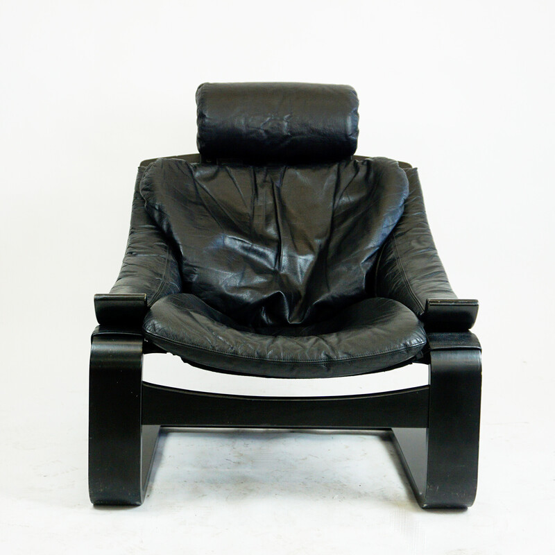 Vintage Kroken lounge chair in black leather and bentwood by Ake Fribytter for Nelo Mobel, Sweden 1974s