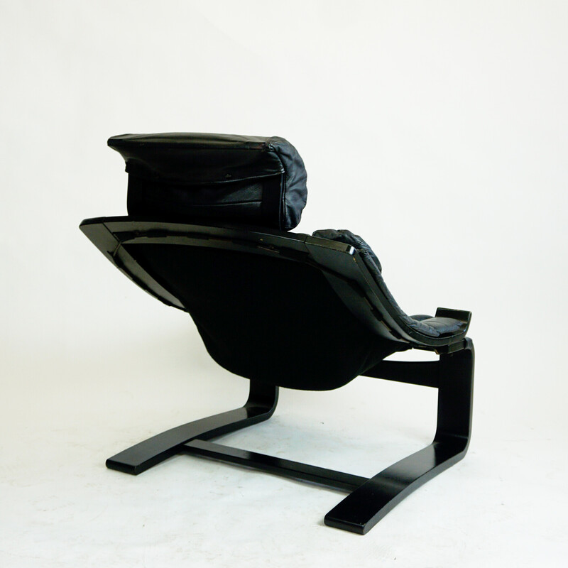 Vintage Kroken lounge chair in black leather and bentwood by Ake Fribytter for Nelo Mobel, Sweden 1974s