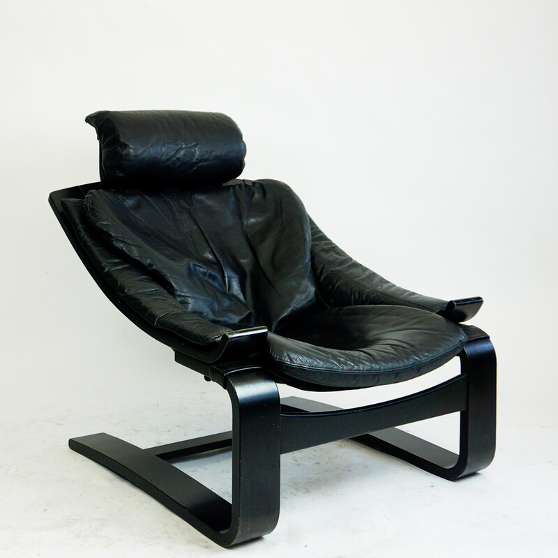 Sillón vintage Kroken en cuero negro y madera curvada por Ake Fribytter para Nelo Mobel, Suecia 1974s