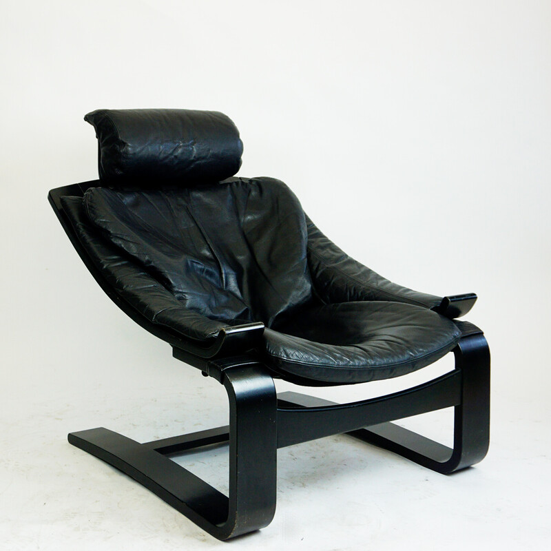 Vintage Kroken lounge chair in black leather and bentwood by Ake Fribytter for Nelo Mobel, Sweden 1974s
