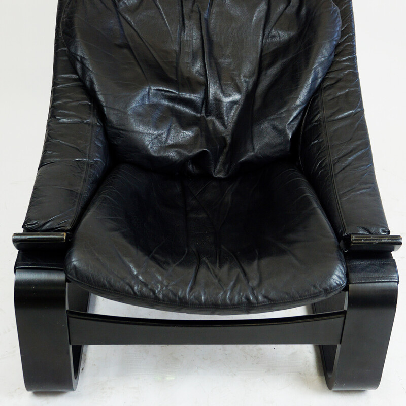 Vintage Kroken lounge chair in black leather and bentwood by Ake Fribytter for Nelo Mobel, Sweden 1974s