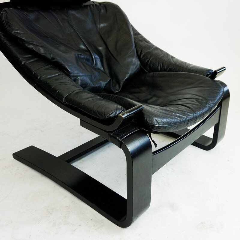 Fauteuil lounge vintage Kroken en cuir noir et bois courbé par Ake Fribytter pour Nelo Mobel, Suède 1974