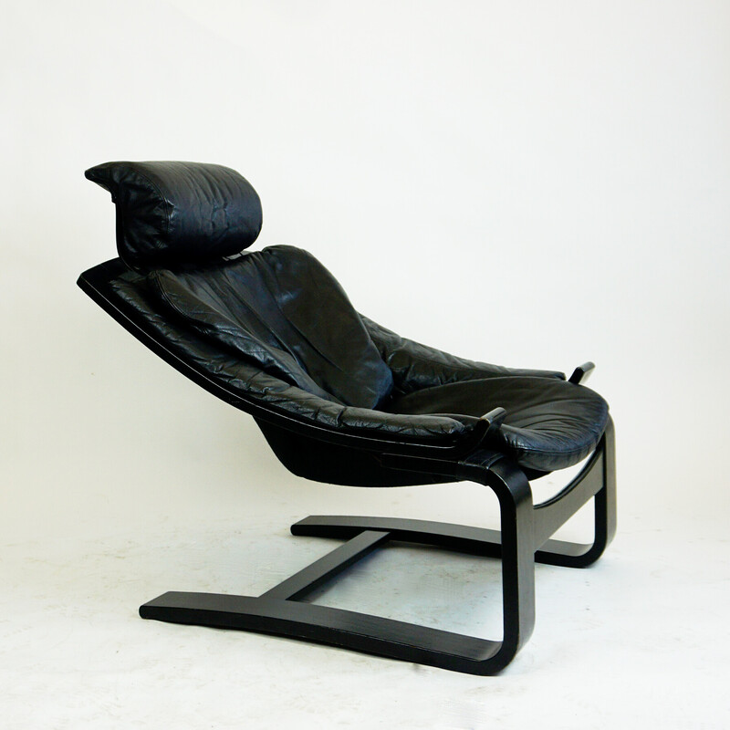 Vintage Kroken lounge chair in black leather and bentwood by Ake Fribytter for Nelo Mobel, Sweden 1974s