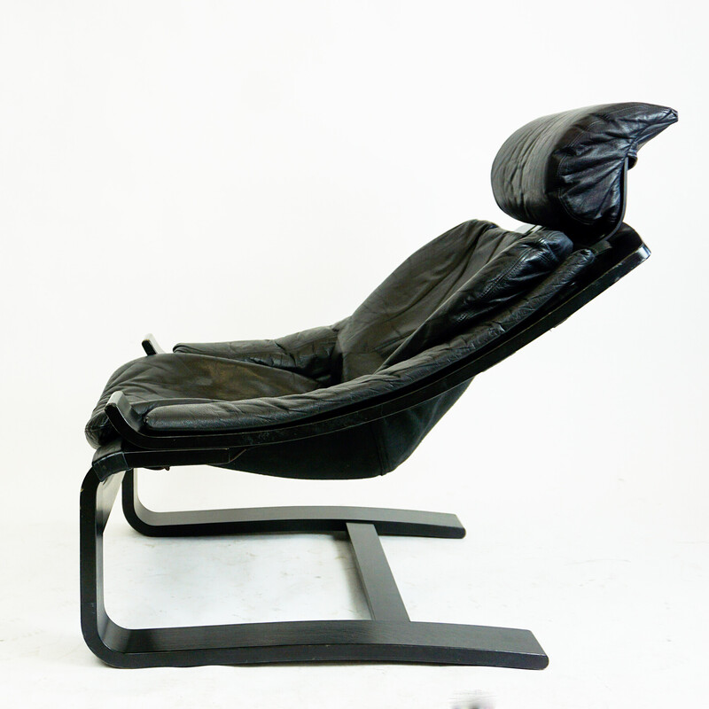 Cadeira Vintage Kroken lounge em pele preta e madeira dobrada por Ake Fribytter para Nelo Mobel, Suécia 1974s