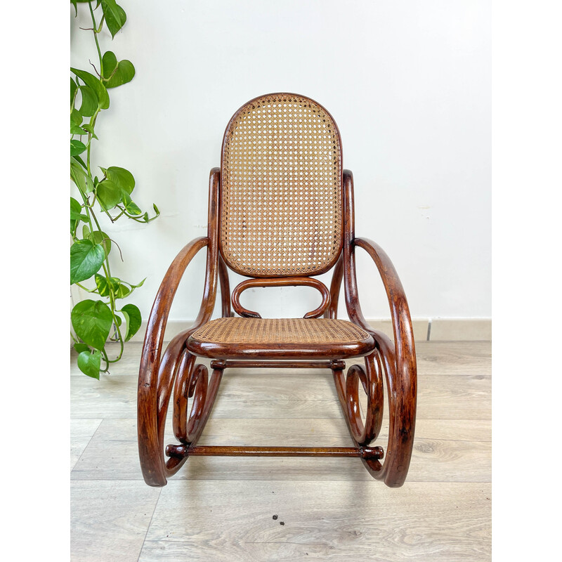 Vintage schommelstoel van gebogen hout en riet voor kinderen, 1900