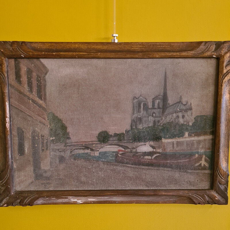 Vintage French painting Notre Dame in Paris