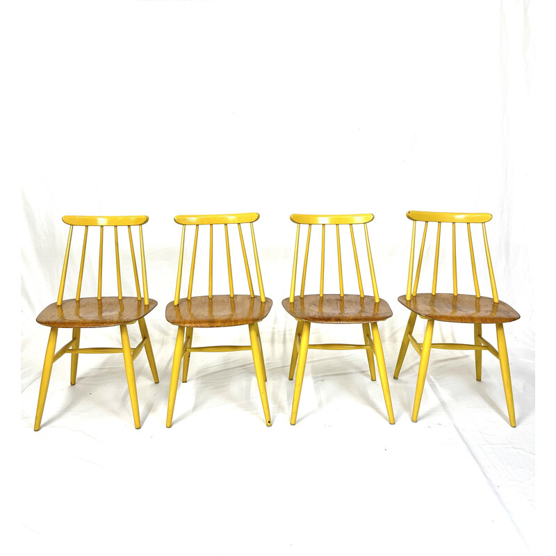 Set of 4 vintage teak and beechwood "Fanett" chairs by Ilmari Tapiovaara for Edsby Verken, Sweden 1960s