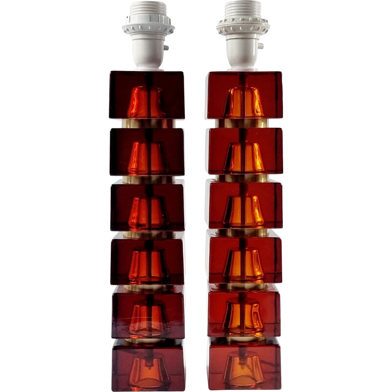 Paar vintage glazen en messing tafellampen van Carl Fagerlund voor Orrefors, Zweden 1960