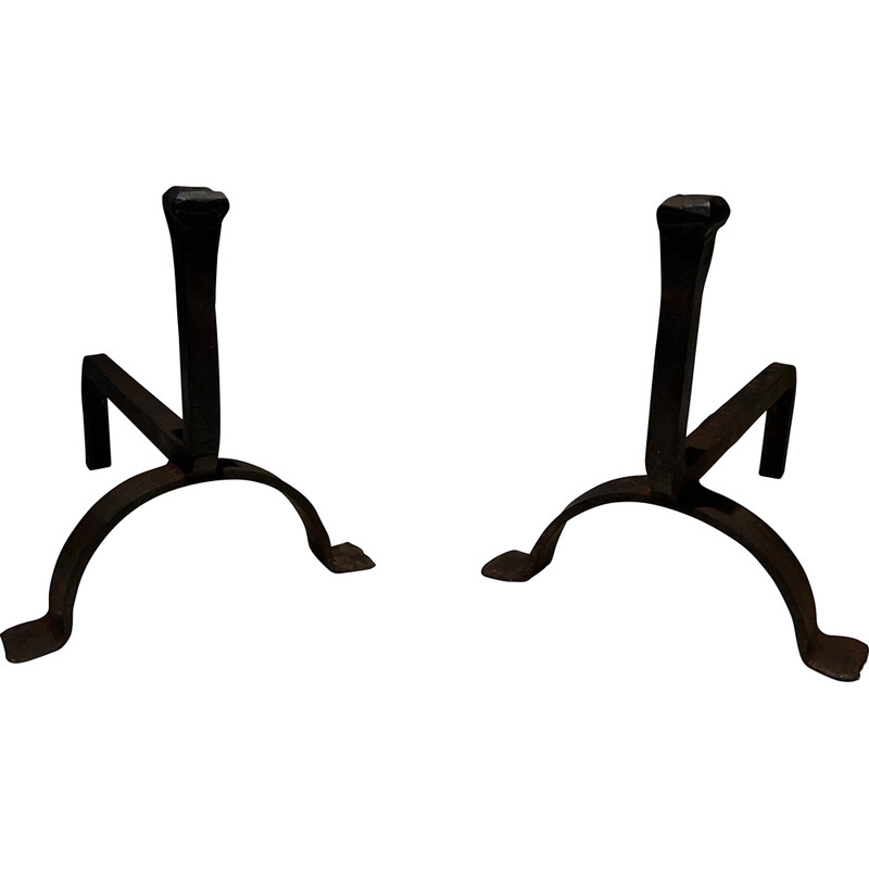 Pair of vintage cast iron and wrought iron andirons, France 1970s