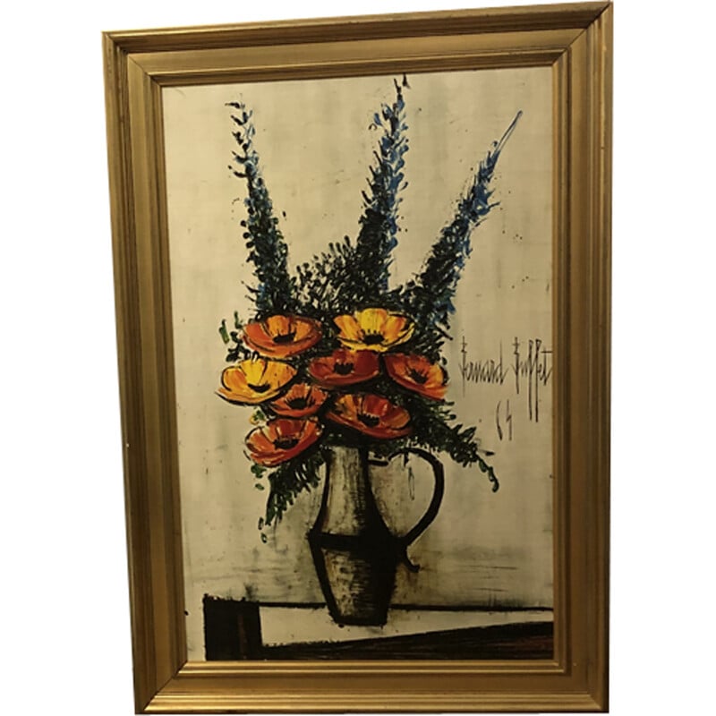 Vintage painting "The poppies" with gilded wooden frame by Bernard Buffet, 1964s
