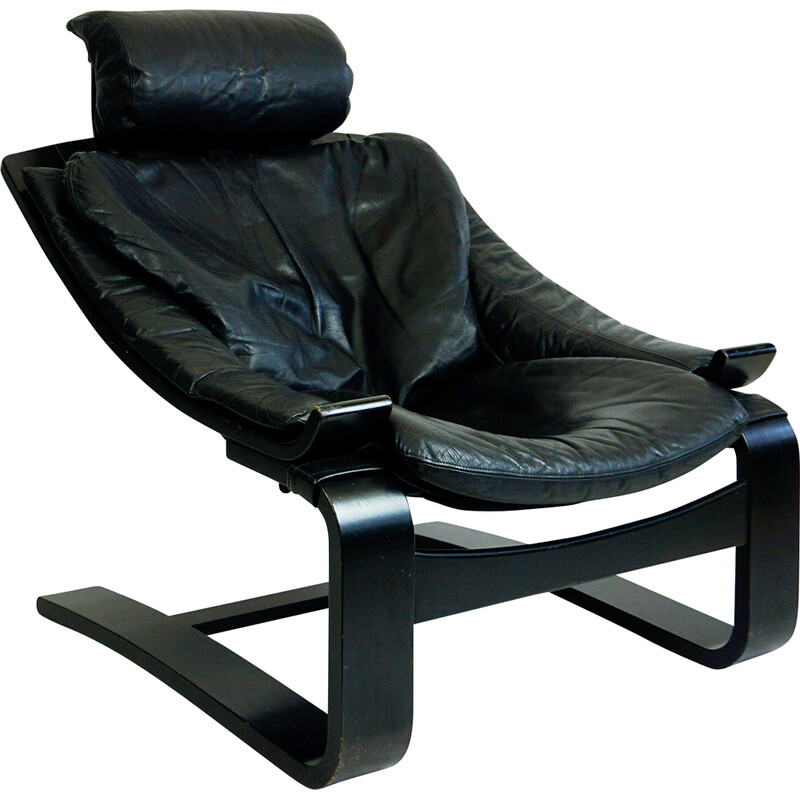 Vintage Kroken lounge chair in black leather and bentwood by Ake Fribytter for Nelo Mobel, Sweden 1974s