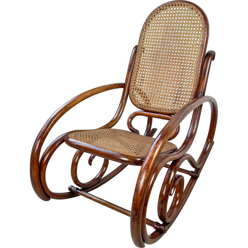 Vintage schommelstoel van gebogen hout en riet voor kinderen, 1900