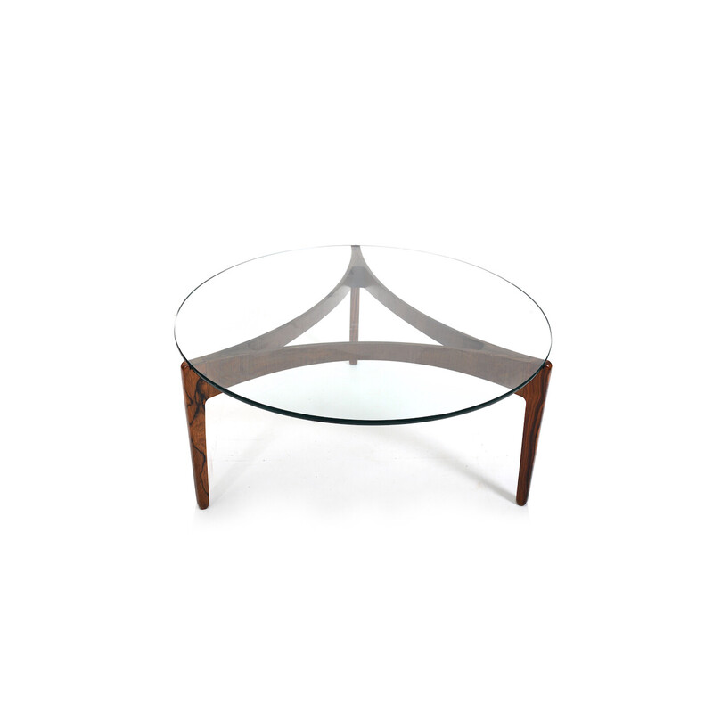 Mesa de centro redonda vintage de tres patas con tapa de cristal de Sven Ellekaer