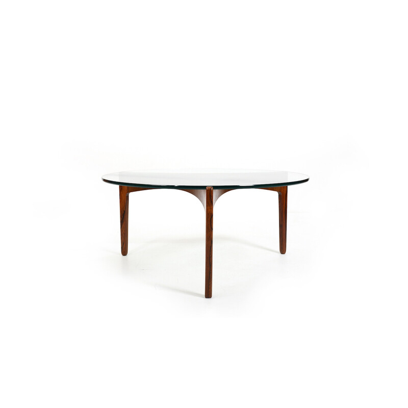 Vintage round three-leg coffee table with glass top by Sven Ellekaer