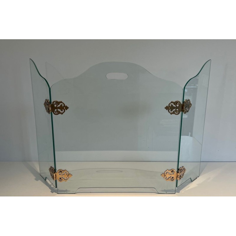 Pantalla de cristal vintage con bisagras de bronce, 1970