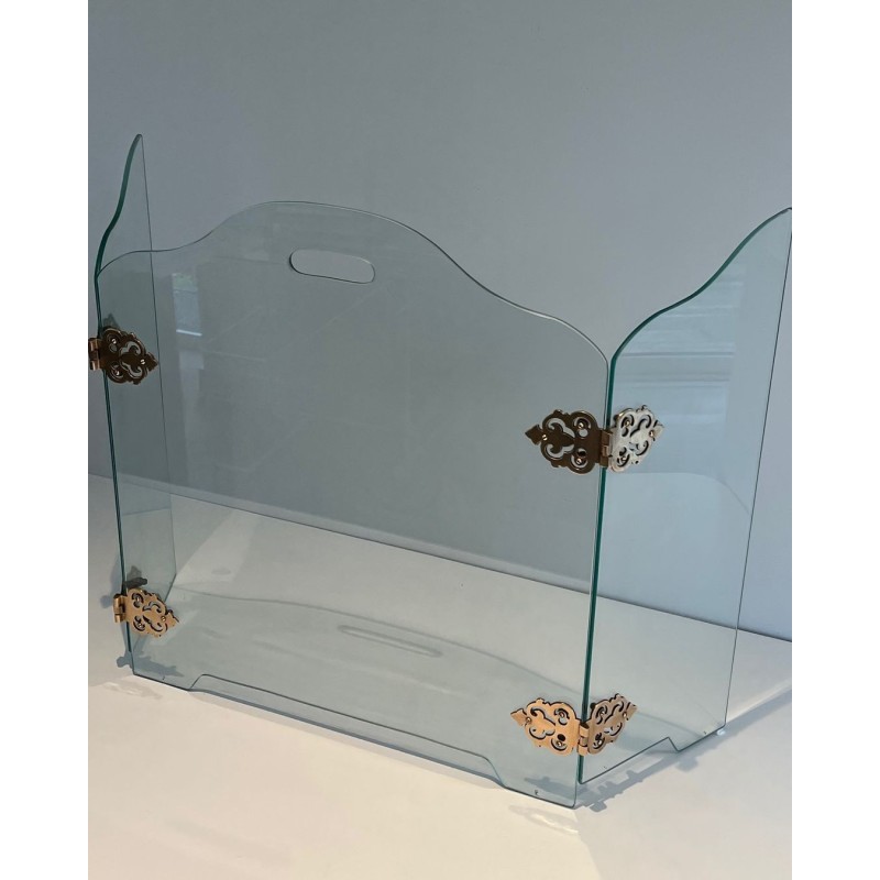 Vintage glass fire screen with bronze hinges, 1970