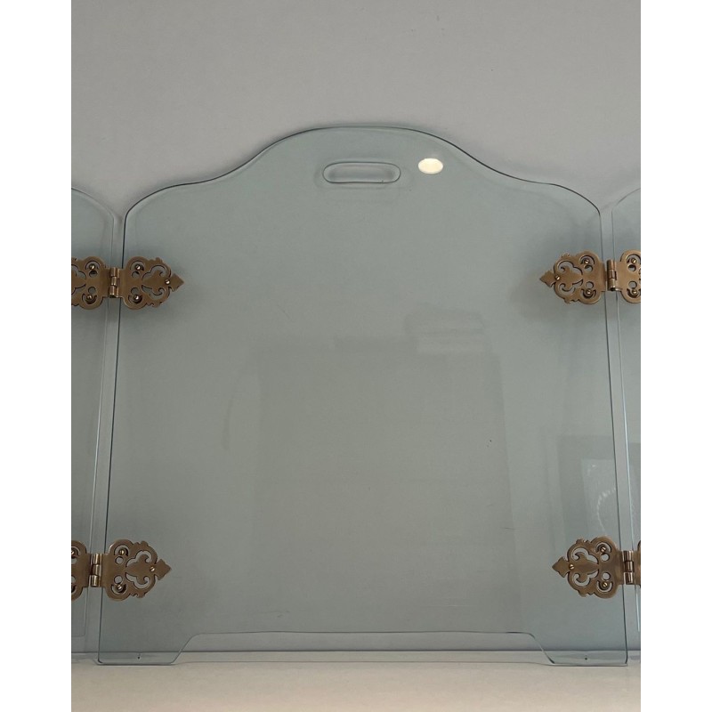 Vintage glass fire screen with bronze hinges, 1970