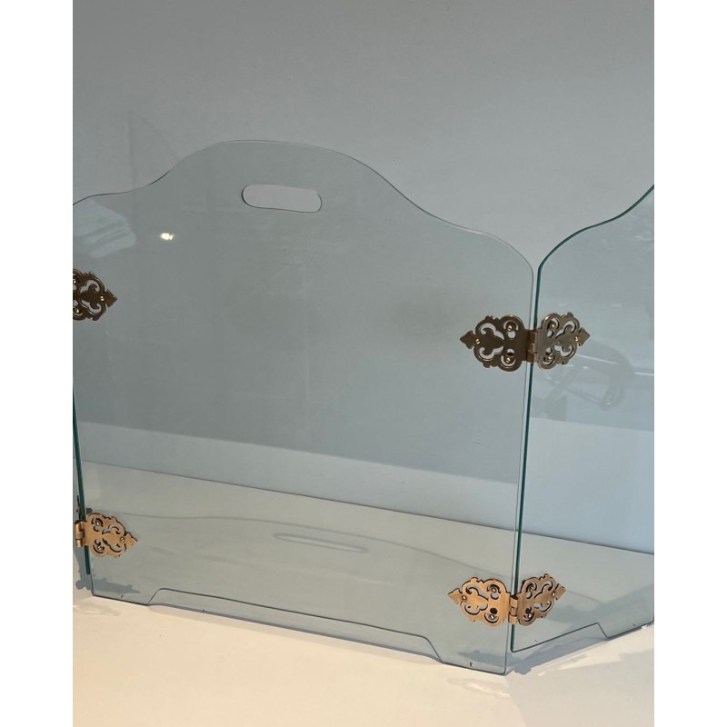 Pantalla de cristal vintage con bisagras de bronce, 1970