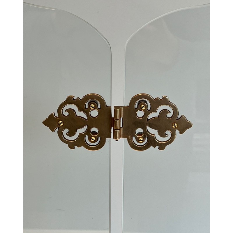 Vintage glass fire screen with bronze hinges, 1970