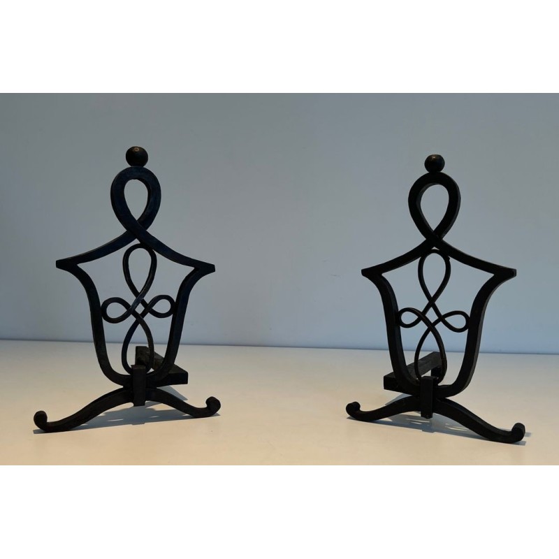 Pair of vintage wrought iron andirons, 1940