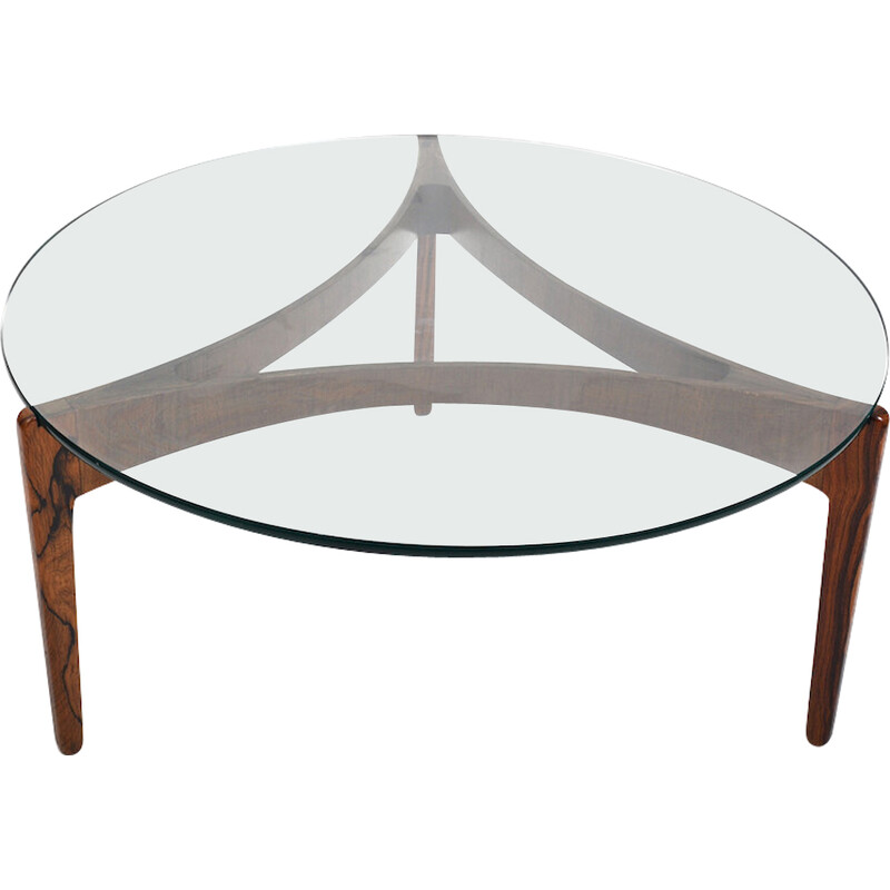 Table basse ronde vintage à trois pieds avec plateau en verre par Sven Ellekaer