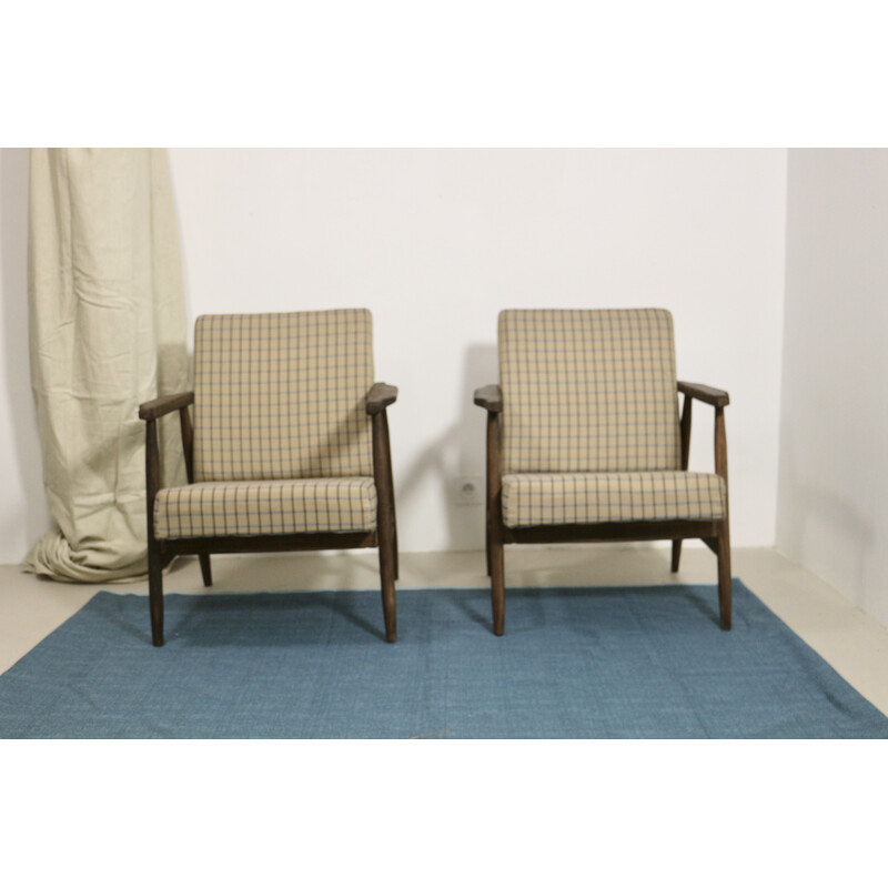 Pair of vintage armchairs in wood and checkered fabric by Henryk Lis, 1970s