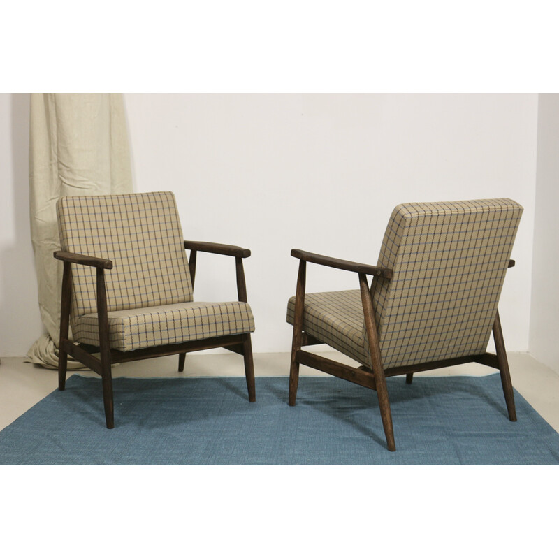 Pair of vintage armchairs in wood and checkered fabric by Henryk Lis, 1970s