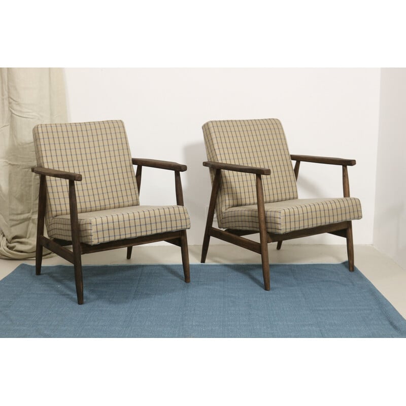 Pair of vintage armchairs in wood and checkered fabric by Henryk Lis, 1970s