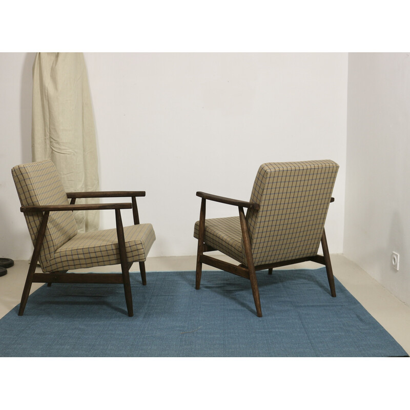 Pair of vintage armchairs in wood and checkered fabric by Henryk Lis, 1970s