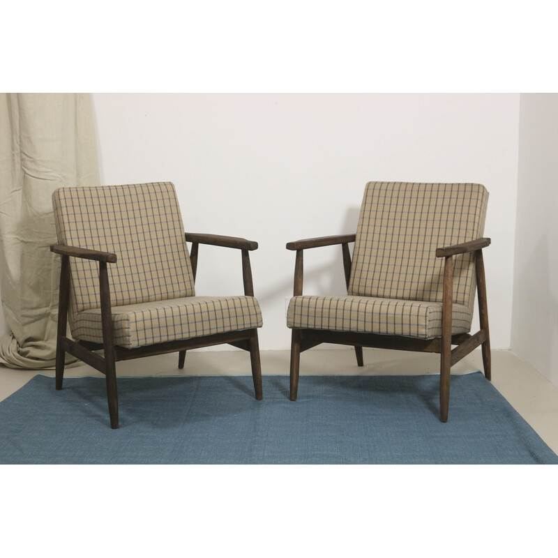 Pair of vintage armchairs in wood and checkered fabric by Henryk Lis, 1970s