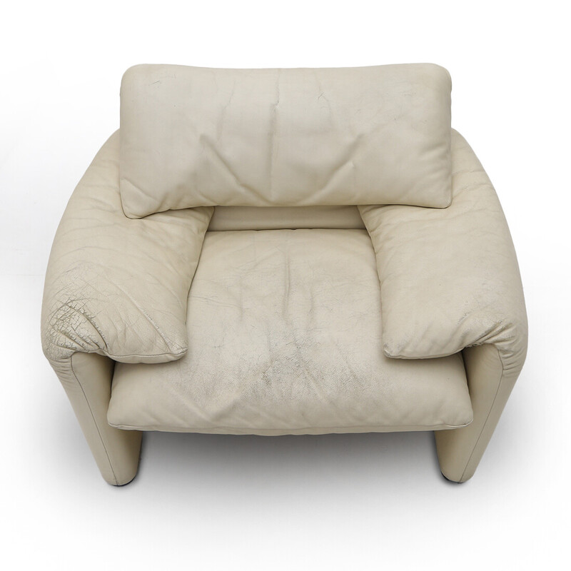 Fauteuil vintage "Maralunga" en métal, cuir blanc et plastique par Vico Magistretti pour Cassina, 1970