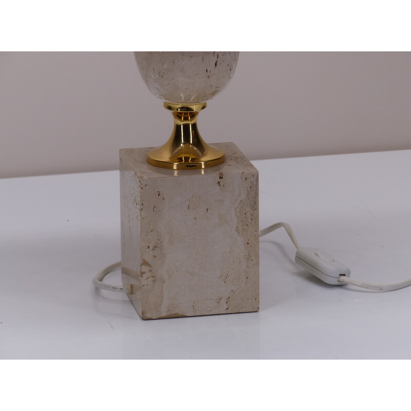 Lampe vintage en travertin, métal doré et tissu gris par Philippe Barbier, 1980