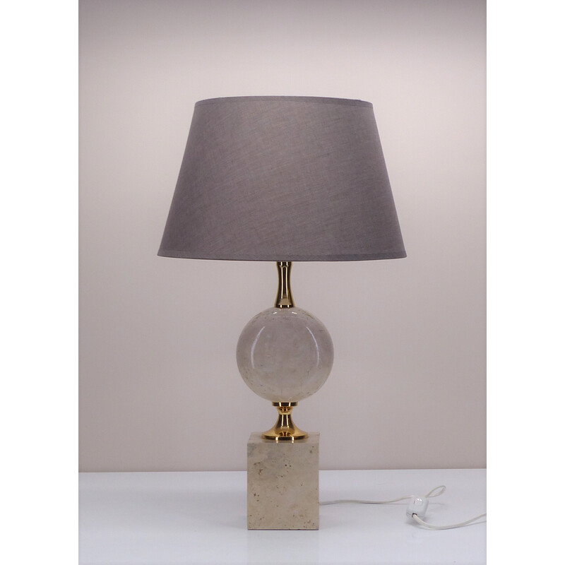 Lampe vintage en travertin, métal doré et tissu gris par Philippe Barbier, 1980