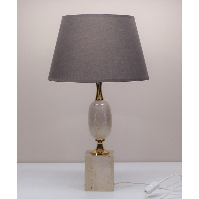 Vintage lamp in travertijn, verguld metaal en grijze stof van Philippe Barbier, 1980