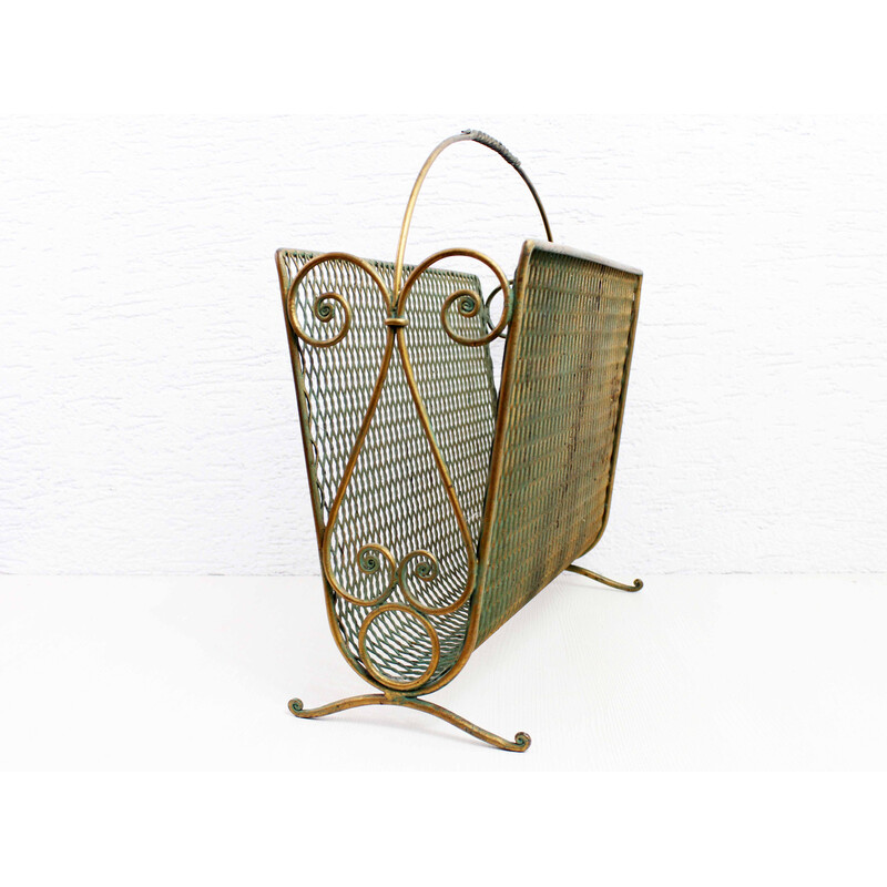 Vintage magazine rack in gilded metal, 1950-1960s